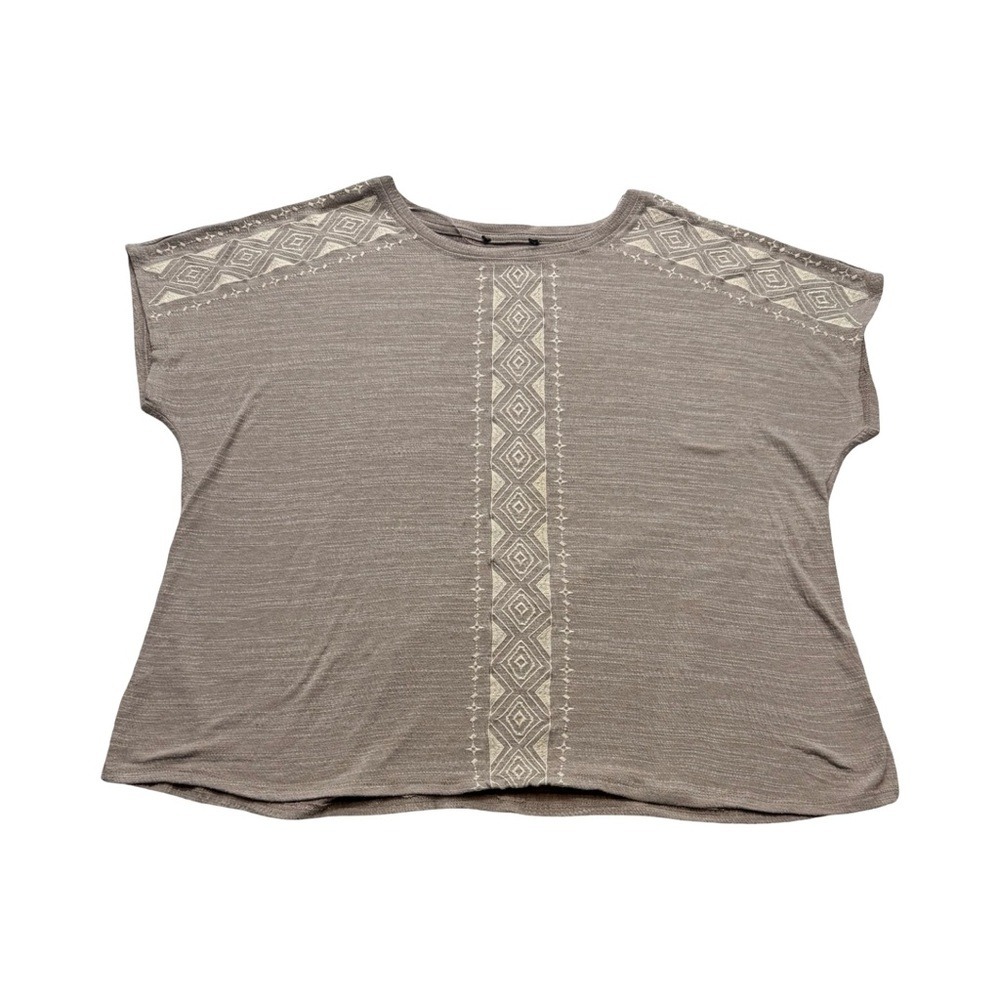 Boho Geometric Embroidered Dolman Top Taupe Gray Textured Knit Women Large